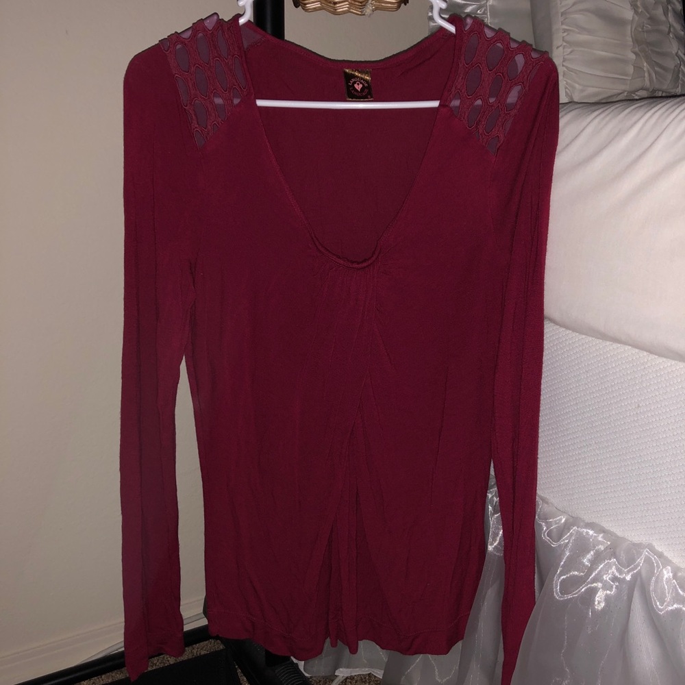 Red Maroon Burgundy Mesh Long Sleeve Top Blouse